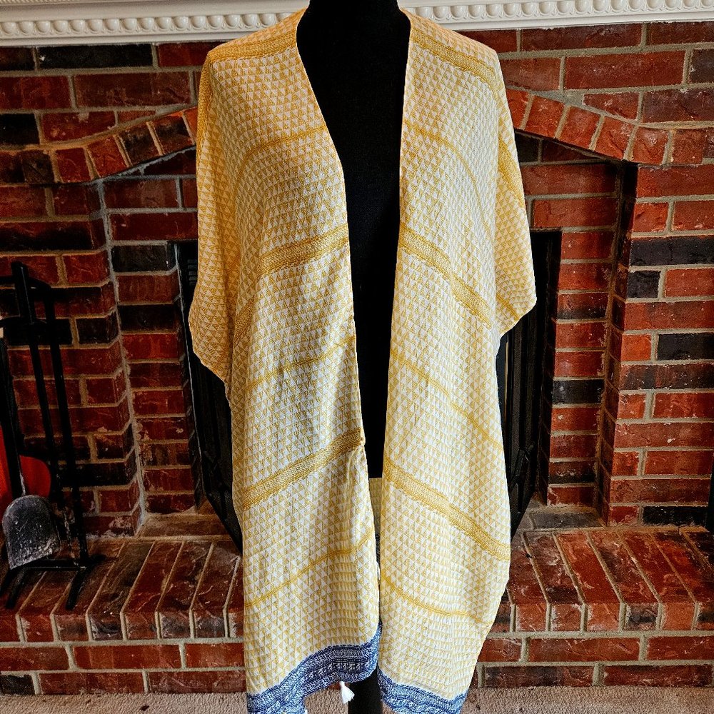 Yellow/White Tunic with Blue Trim & Tassels. Small Hole. One Size. Light.